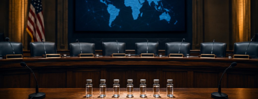 Empty FDA hearing room with seven unlabeled peptide vials on the table beneath a world map screen, ahead of the July 2026 compounding vote