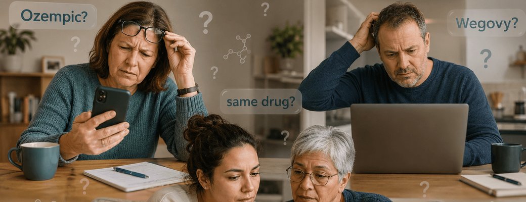 A family of different ages looking confused while researching Ozempic and Wegovy