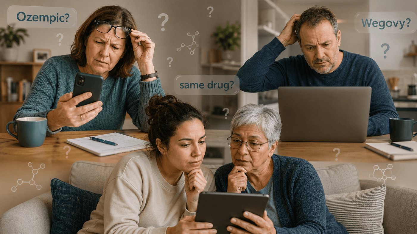 A family of different ages looking confused while researching Ozempic, Wegovy and other GLP-1 weight loss drugs on phones, a tablet and a laptop