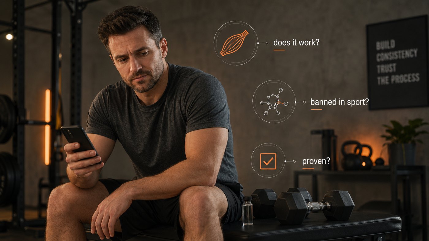 A relatable person in a home gym reading about muscle growth peptides on a phone, with vials and a barbell in the background