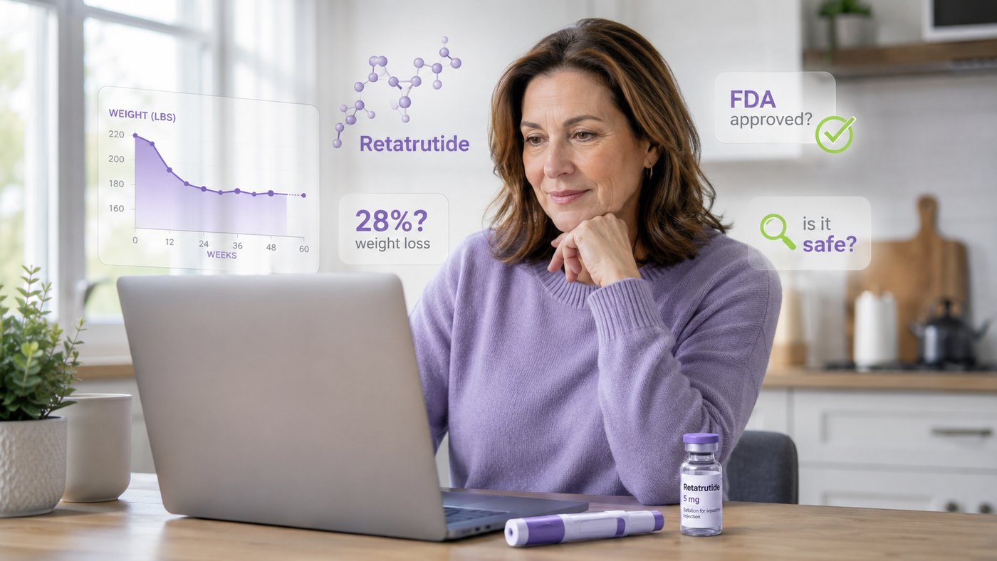 A relatable middle-aged person researching the weight loss drug retatrutide, with a medicine vial and trial data in frame