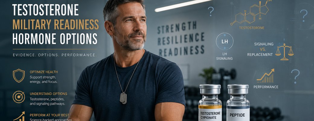 Testosterone and peptide vials with readiness and hormone-option graphics